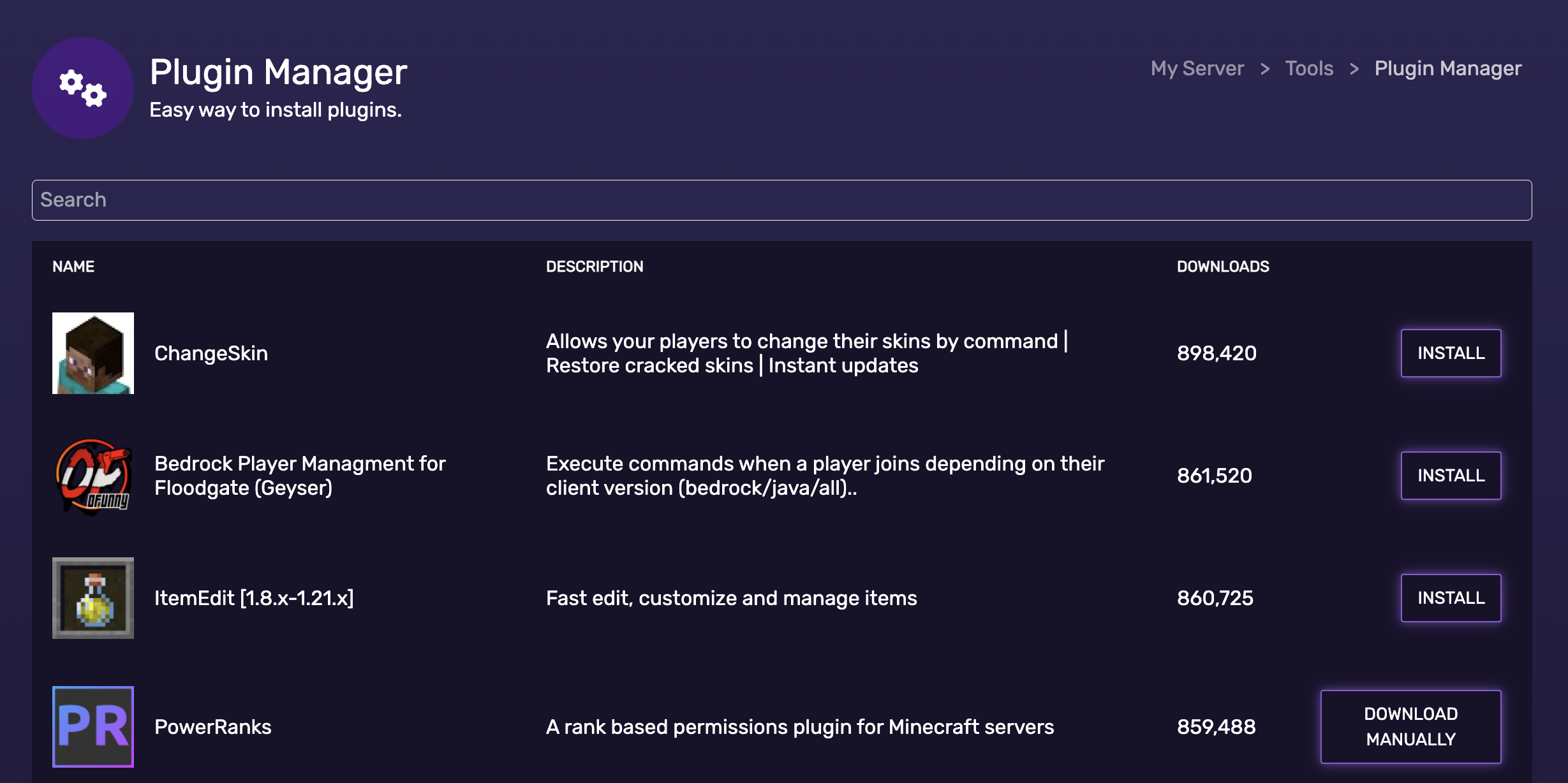 Game Server Control Panel Features - One-click plugin installation for your server